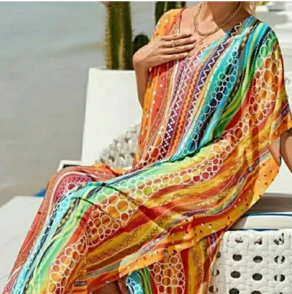 Kaftan Dress Cover Up Swim Maxi Wavy Sunshine 2X Plus Size NEW 🌈 LAST 1 🌞 - Picture 4 of 13